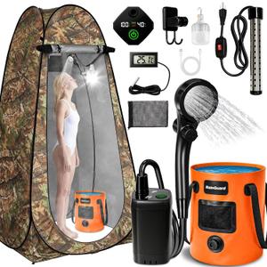Portable Shower with Heater, Pop up Shower Privacy Tent with LED Lights, 6000mAh Camp Shower Pump, 6.6 Gallons Foldable Bucket, Outdoor Camping Shower Kit for Hiking, Beach, Pet Bath, Car Wash (Camo)