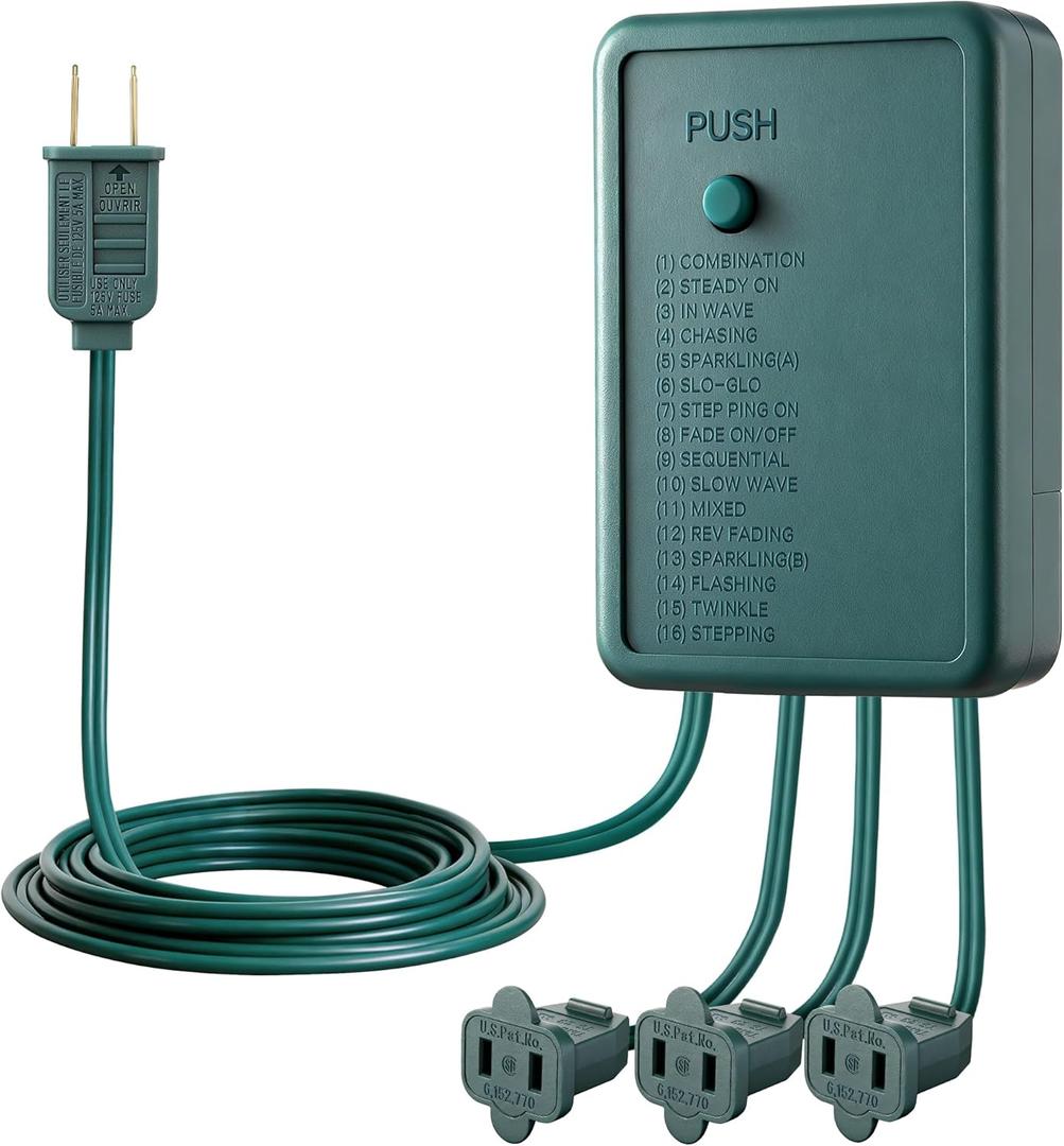 3 Channel Chase Controller with Push Button, Christmas Light Controller with 16 Dazzling Functions, Memory Function, Weatherproof, for Indoor Outdoor Holiday Lighting Displays (3 Channel)