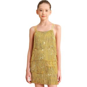 Girls Latin Tassel Dance Dress Sequin Fringe Skirt Sparkly Camisole Dancewear (7-8 Years, Gold)