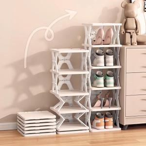 Collapsible Shoe Rack 6 Tiers-Foldable Shoe Organizer for Closet, Space-Saving Kid's Shoe Storage, No Assembly Shoe Shelves for Entryway, Living Room, Bedroom, Grey