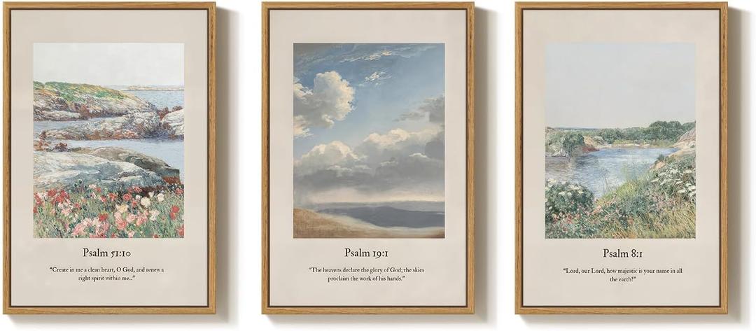 Framed Christian Wall Art for Living Room, Set of 3 Green Landscape Biblical Verse Canvas Prints Artwork for walls, Vintage Psalm Scripture Wall Decor, Dining Room Bedroom Prayer Room, 16x24 Inch