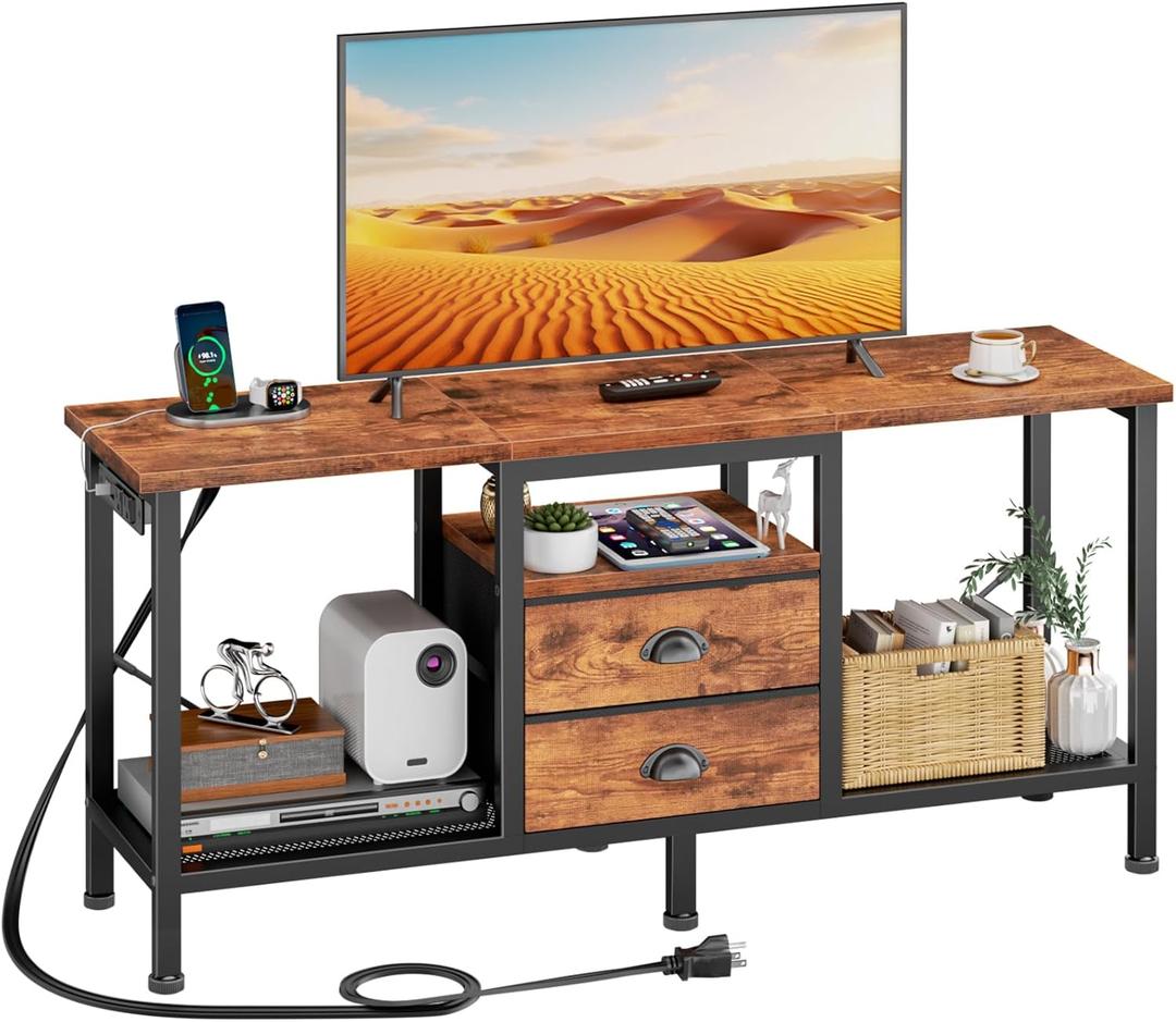 Furologee TV Stand with Power Outlets and 2 Fabric Drawers, 42 Inch Small Entertainment Center with Open Storage Shelves, Simple TV Console Table for Bedroom, Living Room, Rustic Brown (42 Inch with Power Outlets)