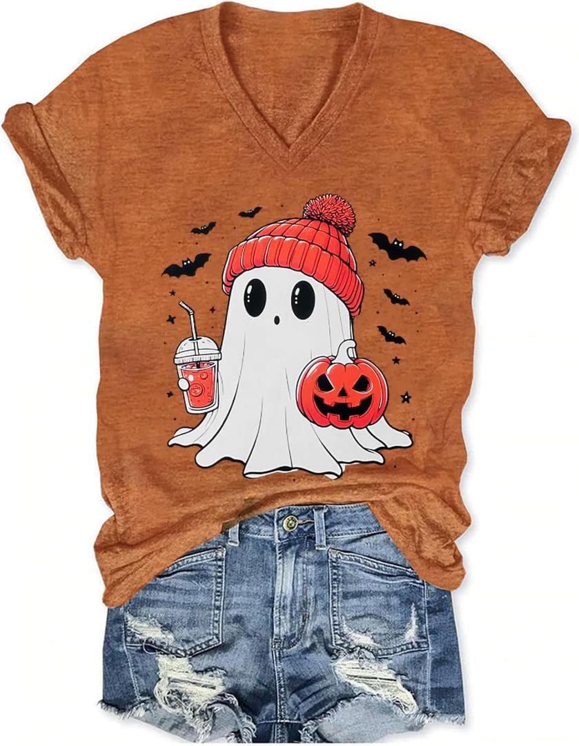 Women's T-Shirts V-Neck Boho Flowers Wildflowers Graphic Tees Shirts Cute Casual Summer Tops Short Sleeve T Shirt (Orange, M)