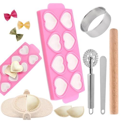 Ravioli Maker Press Ravioli Press Mold Set Heart Ravioli-Stamp Maker Cutter with Wood Rolling Pin, 2.6" Empanada Maker-Press Kit and Ravioli-Wheel, Ravioli-Stamp Making Tools