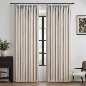 Pinch Pleated Blackout Greyish Beige Curtains 90 Inches Long 2 Panels Set for Sliding Glass Doors, Memory Trained Dual Layer Linen Soundproof Heat Blocking Taupe Rustic Windows Drapes for Living Room