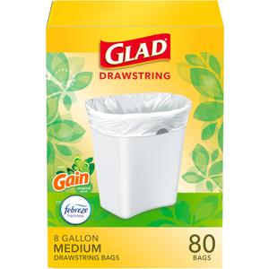 Glad Medium Drawstring Trash Bags, 8 Gal, Gain Original with Febreze, 80 Ct (Package May Vary)