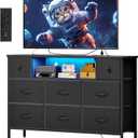 Fixwal Dresser for Bedroom with Power Outlets and LED Lights, Black 55" TV Stand with 8 Drawers, Fabric Chest of Drawers with PU Finish for Living Room, Entryway (Black)