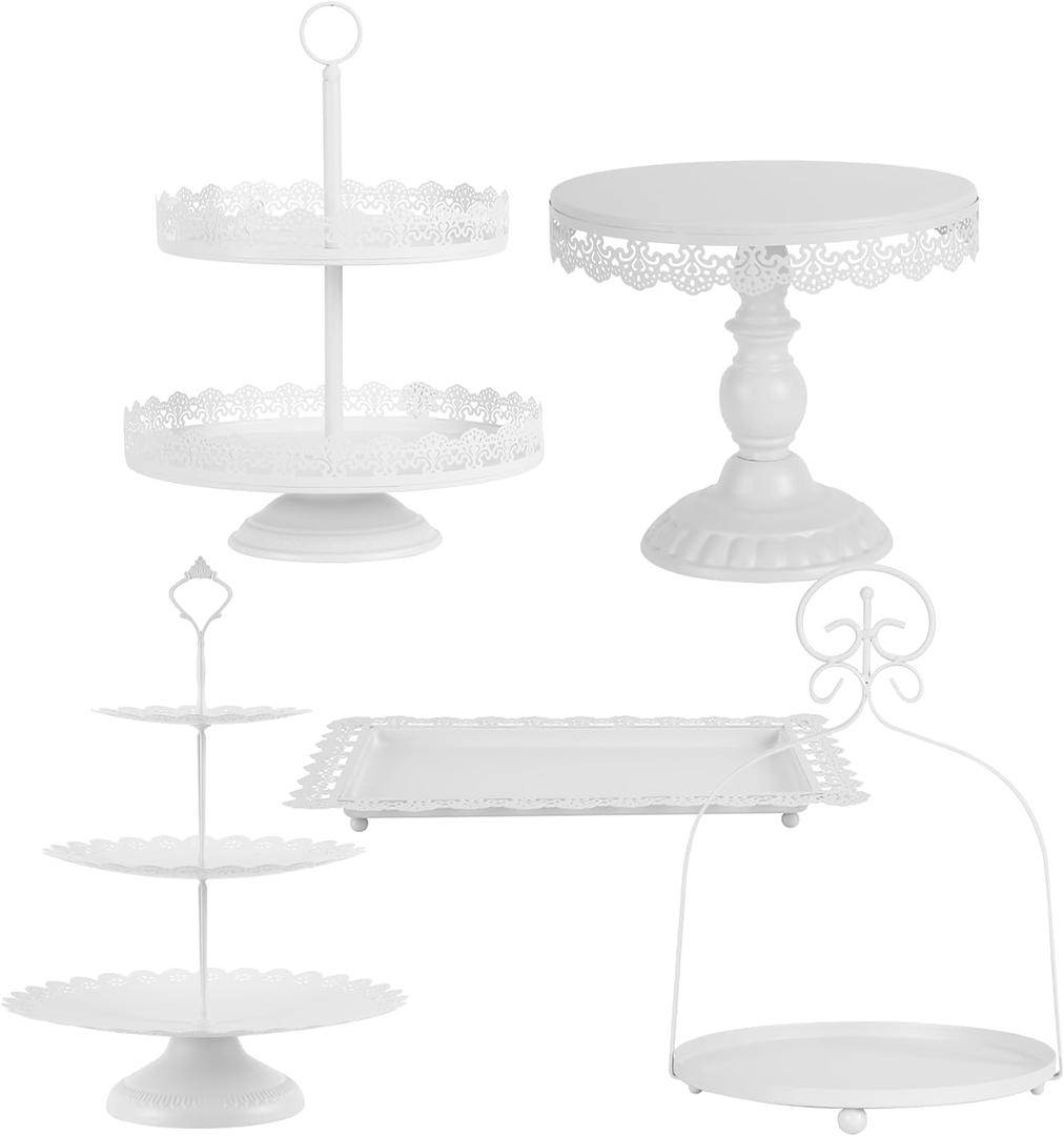 ZUMELER 5Pcs White Cake Stands Set Metal Cupcake Holder Cookies Dessert Display Plate Serving Tower Tray Platter with Handl for Baby Shower Wedding Birthday Party Celebration