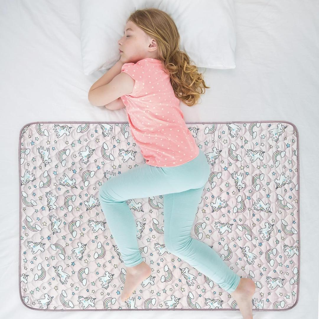 Organic Incontinence Pads for Kids & Toddlers - 5 Layer Waterproof Protectors for Overnight Bed Wetting - Reusable & Washable Pee Pads - Fits Twin to Full Size Beds - 34" x 52" Unicorn