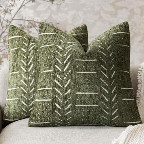 vivrudil Home Décor Decorative Boho Accent Chenille Throw Pillow Covers Textured Neutral Cushion Covers Soft Farmhouse Pillowcase for Couch Sofa Bed Living Room, 18×18 Inch, Set of 2, Olive Green