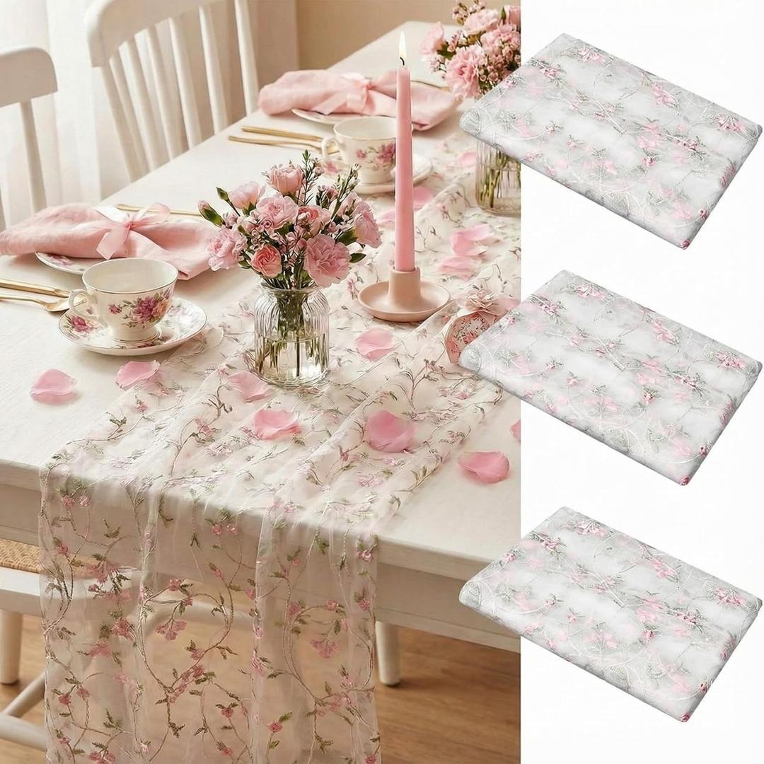 Lounsweer 3 Pcs Flower Table Runner 10ft Embroidery Flower Seasonal Table Runner Tulle Fabric Spring Summer Lace Tablecloth for Bridal Shower Baby Shower Holiday Kitchen Dining Decor DIY Craft (Pink and Green)