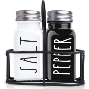 Farmhouse Salt and Pepper Shakers Set, a cute black and white premium glass shakers with stainless steel lids in a black metal holder, perfect for adding a vintage kitchen decor charm, great as a gift