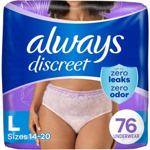 Always Discreet Adult Incontinence Underwear for Women and Postpartum Underwear, L, Up to 100% Bladder Leak Protection, 76 Count (Packaging May Vary) (Large)