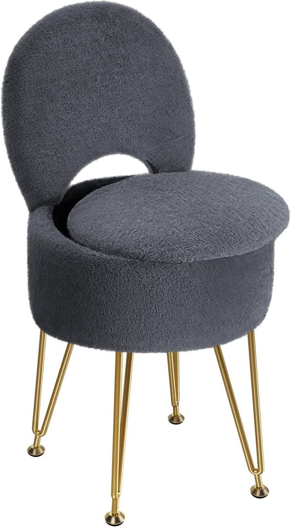 GREENSTELL Small Vanity Stool Chair with Storage and Folding Back, 13" x 13" x 17.7" Faux Fur Soft Ottoman for Teenager, 4 Metal Legs with Anti-Slip Feet, Furry Padded Seat for Makeup, Bedroom, Grey
