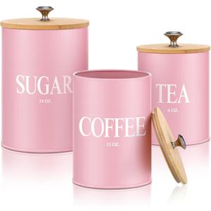 3 Pack Pink Kitchen Canister Set Metal Tea Coffee Sugar Jar Container with Bamboo Airtight Lids Food Storage Containers for Bar Counter Farmhouse Kitchen Decor 6, 12, 24 oz