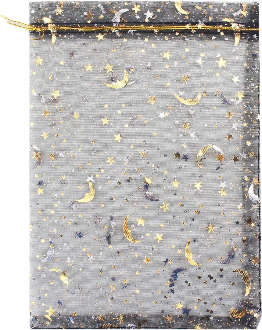 QIANHAILIZZ 100 Pack 7x9 Inch Moon Star Organza Jewelry Gift Pouch Candy Pouch Drawstring Wedding Favor Bags MS17 (black)