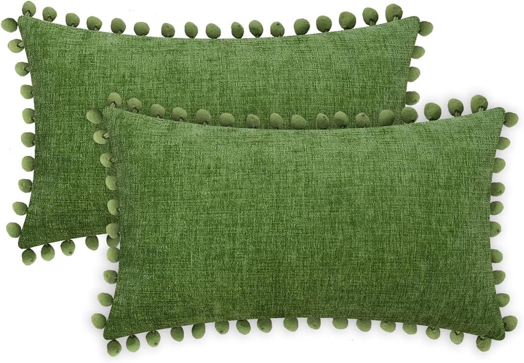 CaliTime Throw Pillow Cases Pack of 2 Cozy Solid Dyed Soft Chenille Cushion Covers with Pom Poms for Couch Sofa Home Decoration 12 X 20 Inches Forest Green