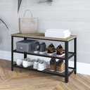 HBCY Creations Weathered Wood Solid Pine Wood 3-Tier Entryway Shoe Rack Bench with Metal Mesh Shelves, for Entryway, Mudroom, or Bedroom, and More!