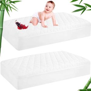 GRT 2 Pack Waterproof Crib Mattress Protector Rayon Made from Bamboo, Quilted Baby Mattress Pad Fitted Deep Pocket from 4" up to 9", Extra Breathable & Noiseless Toddler Mattress Cover 52"x28", White