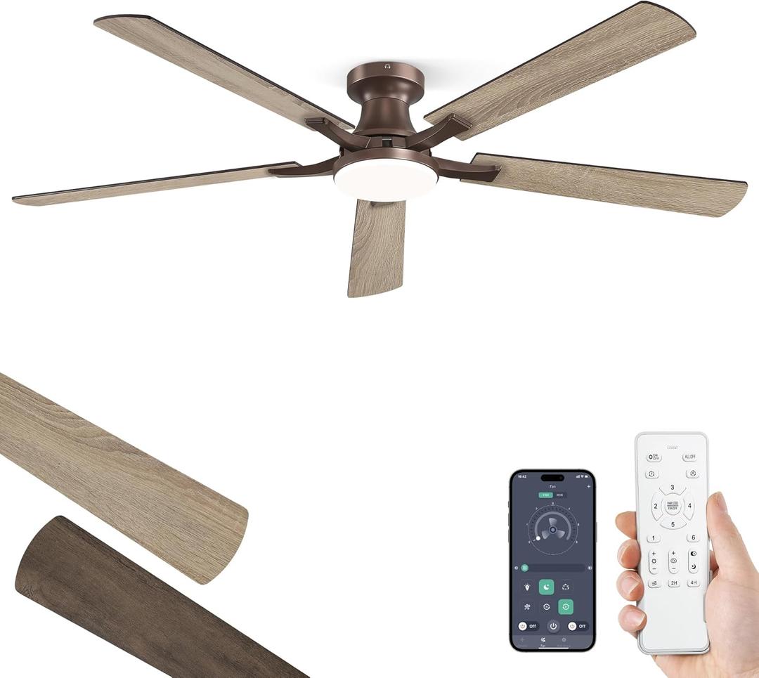 ZMISHIBO 60 Inch Ceiling Fan with Light, App&Remote Control, Flush Mount Low Profile, Dimmable 20W LED Light, Quiet Reversible Motor for Bedroom, Living Room, Apartment, Brown