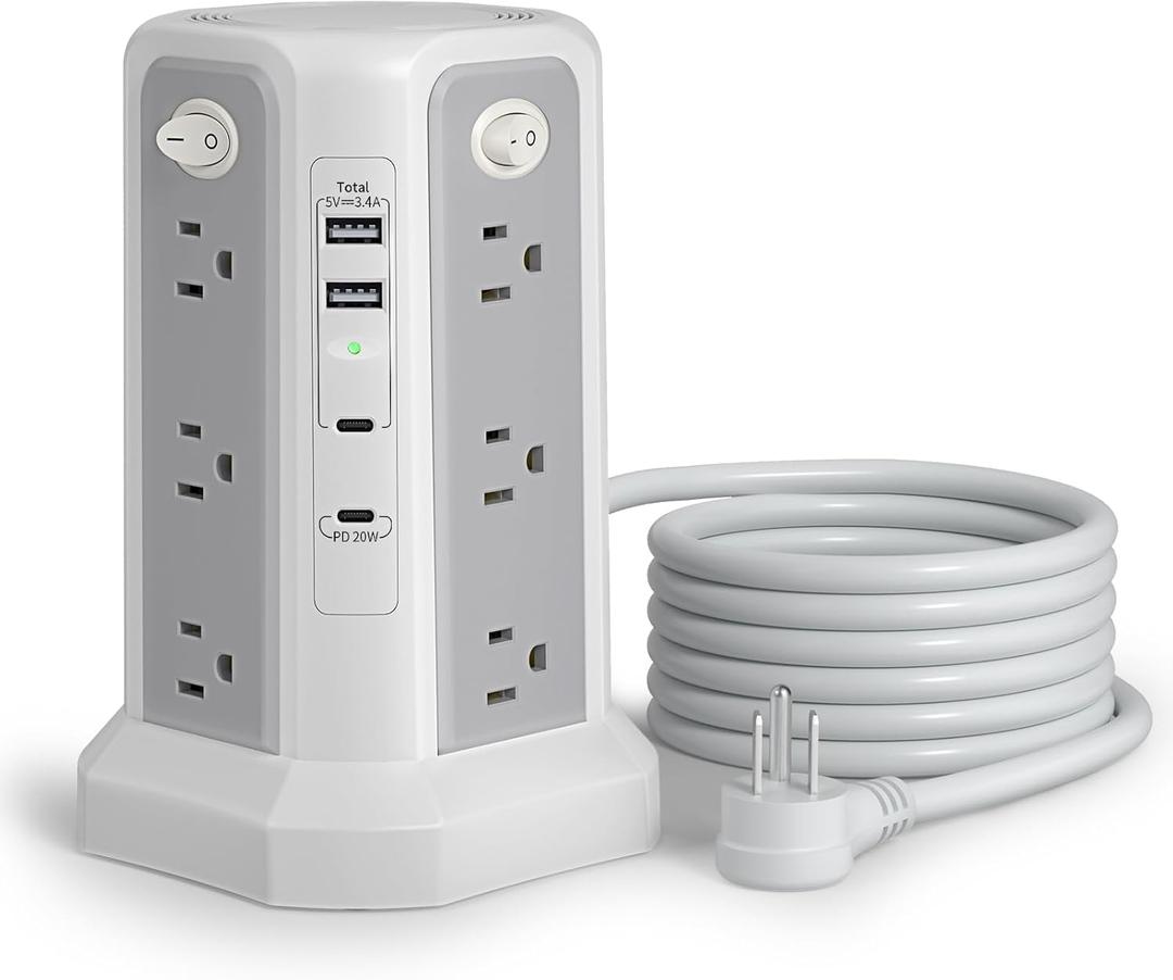 Long Extension Cord 10FT 1625W|13A with Multiple Outlets, Surge Protector Power Strip Tower with 4 USB(2 USB C) Ports, Flat Plug 1800J Overload Protection for Home Office DormRoom Essentials