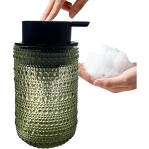 Foaming Soap Dispenser, Refillable Clear Glass Pump Bottle, 13.5 Fl Oz Vintage Foam Dispenser with Black Pump, Multi-Use for Bathroom Kitchen Hand Soap & Lotion, Modern Home Decor (Green)