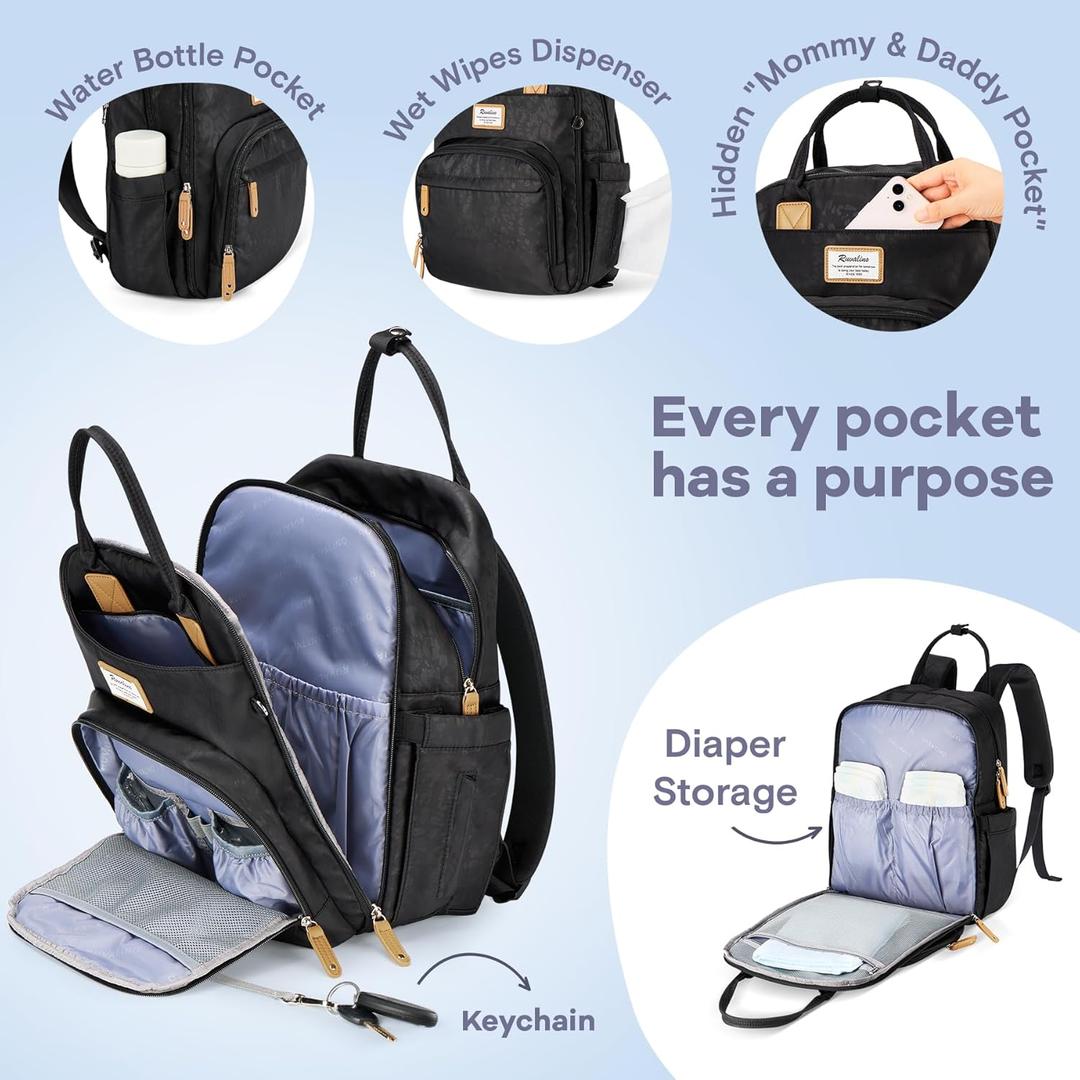 RUVALINO Diaper Bag Backpack, Multifunction Travel Pack Maternity Baby Changing Bags, Large Capacity, Waterproof, Black