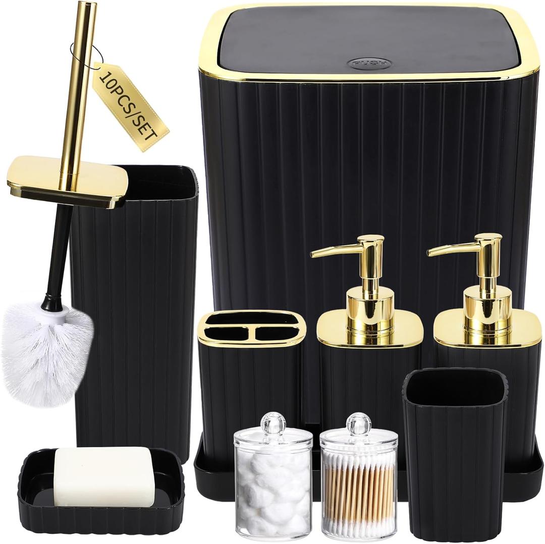 Bathroom Accessories Set - Gorgeous Black Bathroom Set, 10PC Bathroom Accessory Set, Toilet Brush, Trash Can, Qtip Holder & Soap Dispenser