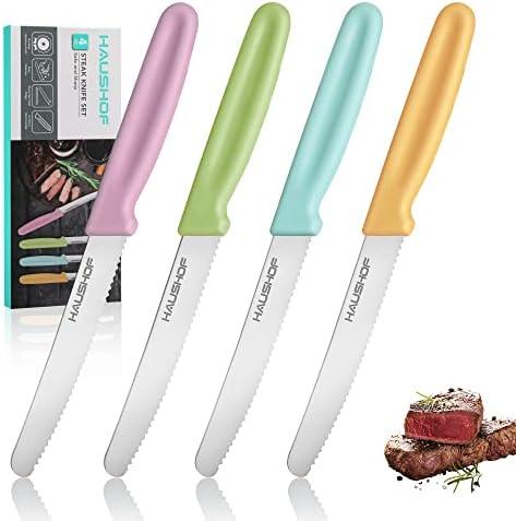 HAUSHOF Steak Knives Set of 4, Serrated Steak Knives, Premium Stainless Steel Steak Knife Set with Gift Box, Assorted Color