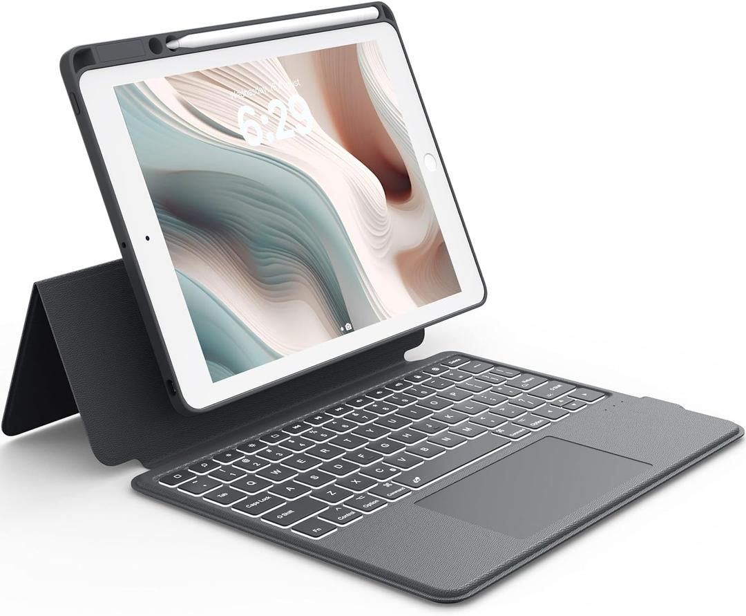 CHESONA Rugged Keyboard Case for iPad 9th 2022/8th/7th Generation, Magnetic Detachable Case, Premium Trackpad, 15-180 Adjustable Stand, Portrait/Landscape Backlit Keyboard for iPad 10.2-inch, Gray