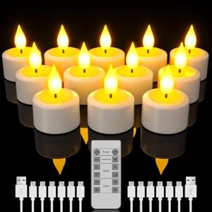 SoulBay Rechargeable Tea Lights with Remote, 12pcs Flameless Flickering LED Candles with Timer & USB Charging Cable, No Battery Needed, for Home Lantern Table Party Holiday Decorations
