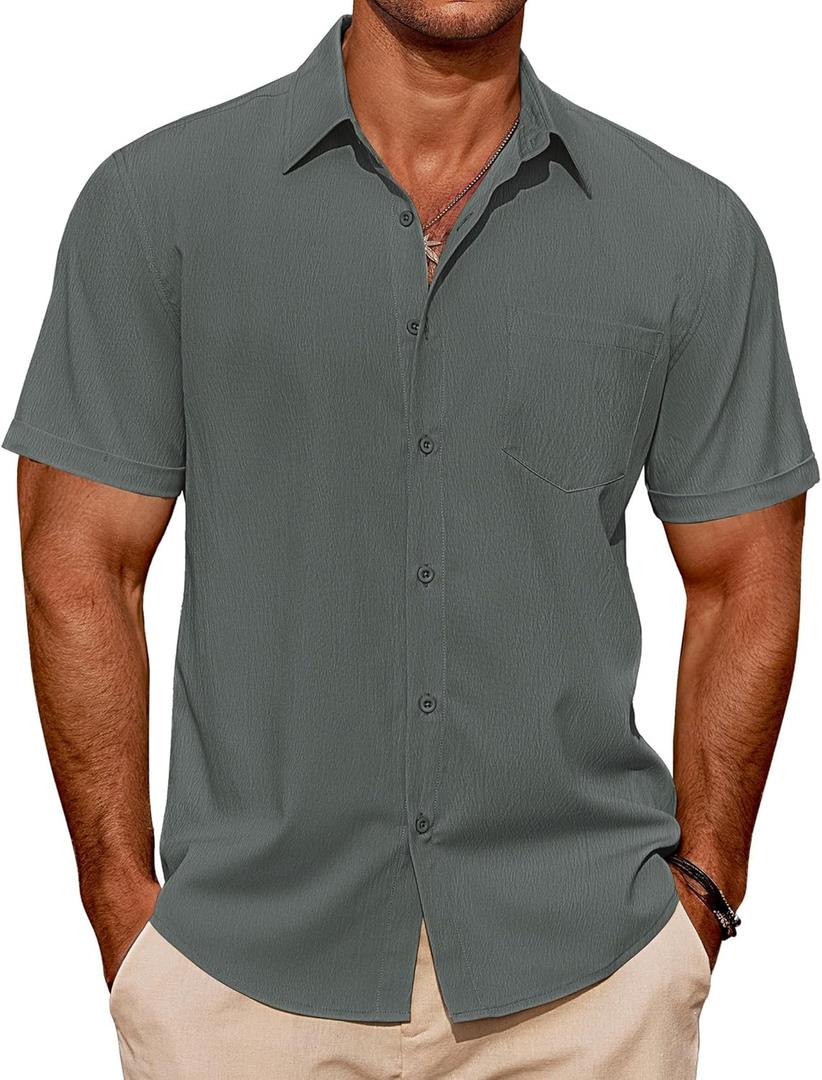COOFANDY Mens Casual Short Sleeve Shirts Summer Beach Shirt Button Down Textured Shirts Vacation Hawaiian Shirts (Gray, S)