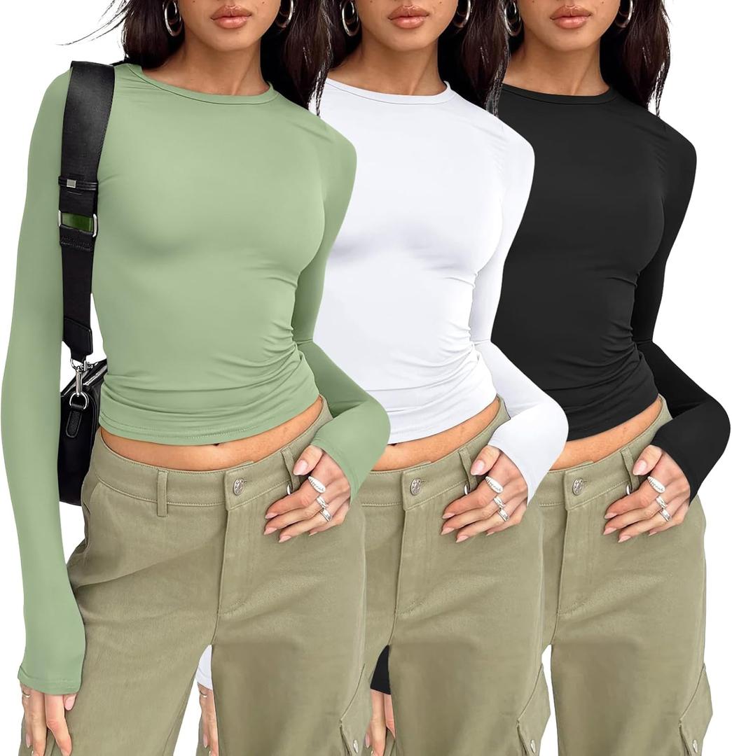 AUTOMET 3 Pack Womens Long Sleeve Crop Tops Basic Fitted T Shirts Slim Fit Crew Neck Y2K Layering Tees (X-Small)