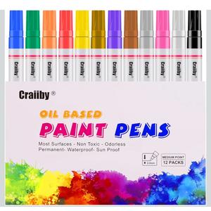 Paint Markers, 12 Pack Oil-Based Waterproof Quick Dry Permanent Paint Pen Set for Rocks Painting, Wood, Fabric, Plastic, Canvas, Glass, Mugs, Metal, Tire, Stone, DIY Craft