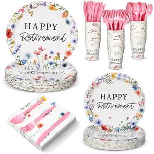 Yungyan 252 Pcs Wildflowers Retirement Party Tableware Set Included Plates Napkins Cups Forks Knives Cutlery for Party Decorations Supplies 36 Guests