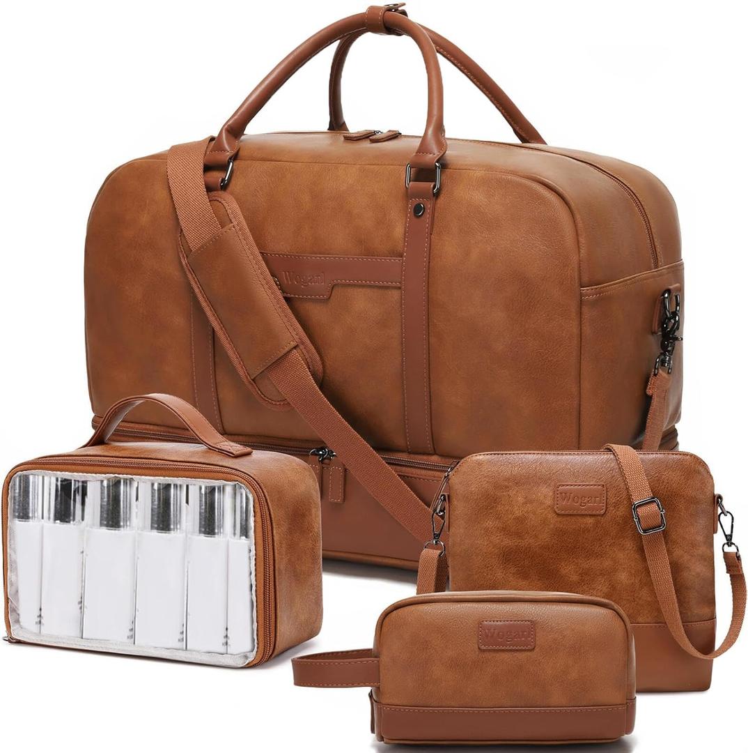 Wogarl Weekender Bag for Women Men Large Overnight Bag Travel Duffel Bag with Shoe Compartment Toiletry Satchel Bag Carry On Bag Fit 21" Laptop (Light Brown)
