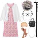 EBYTOP 2023 Old Lady Costume for Kids Granny Dress Halloween Accessories for Girl (Small(5-7yr), Set1-wh)