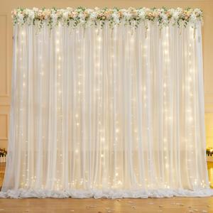 10ft x 7ft Cream White Chiffon Backdrop Curtain with Lights String for Parites Wedding Wrinkle Free Curtain Photo Backdrops Drapes for Baby Shower Birthday Party Home Decorations