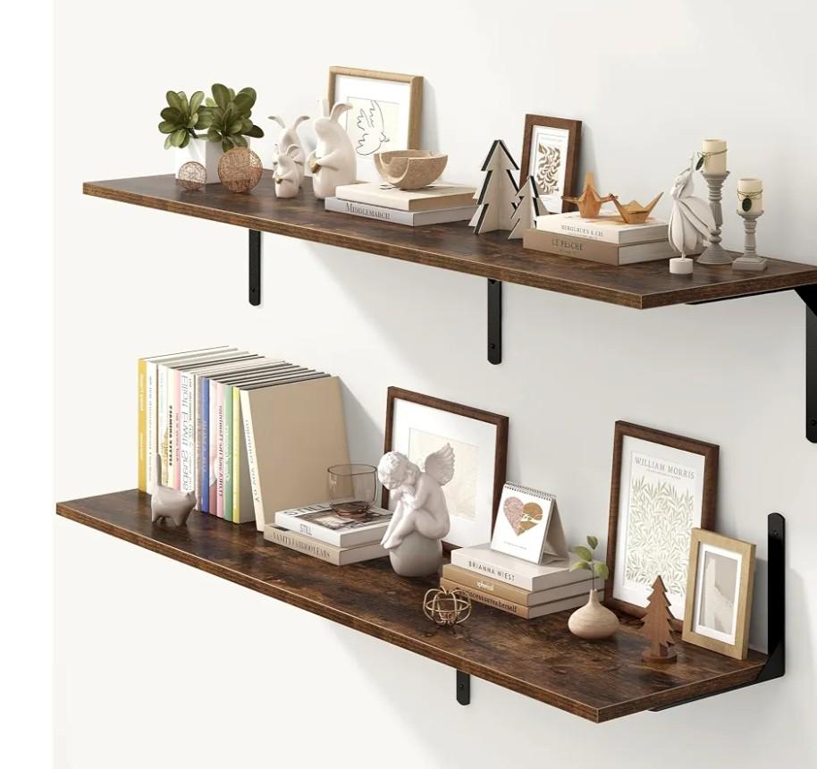 Fun Memories Rustic Brown 12 Inch Deep Floating Shelves Set of 2, Wall Mounted Shelf with Metal Brackets, Rustic Wood Wall Shelf for Bathroom, Kitchen and Living Room, Rustic Brown, 55W x 12D