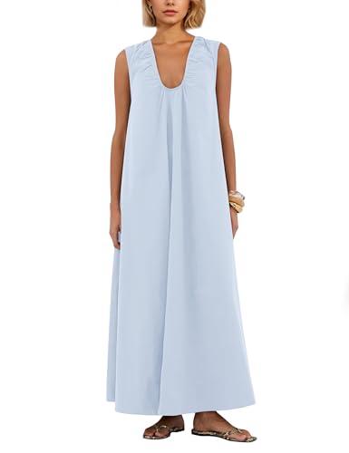Lenader Women Flowy Maxi Dress Ruched Sleeveless Long Dress Vacation Fashion Summer Casual Loose fit Sundress with Pockets Blue, Medium