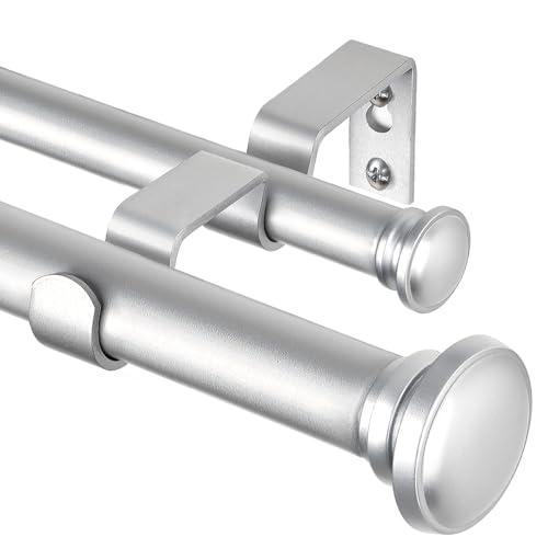 TONIAL 1 Inch Double Curtain Rods 36 to 72 Inches (3 to 6ft), Heavy Duty Decorative Drapery Rod for Windows 24 to 68 Inches (2 to 5.7ft) with Small Cap Finial, Silver