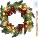 DomeStar Christmas Wreath with Lights, 20 Inch Waterproof Large Battery Operated Wreath with Golden Balls Pine Cones Red Berries Clusters Frosted for Home Porch Wall Door Decor
