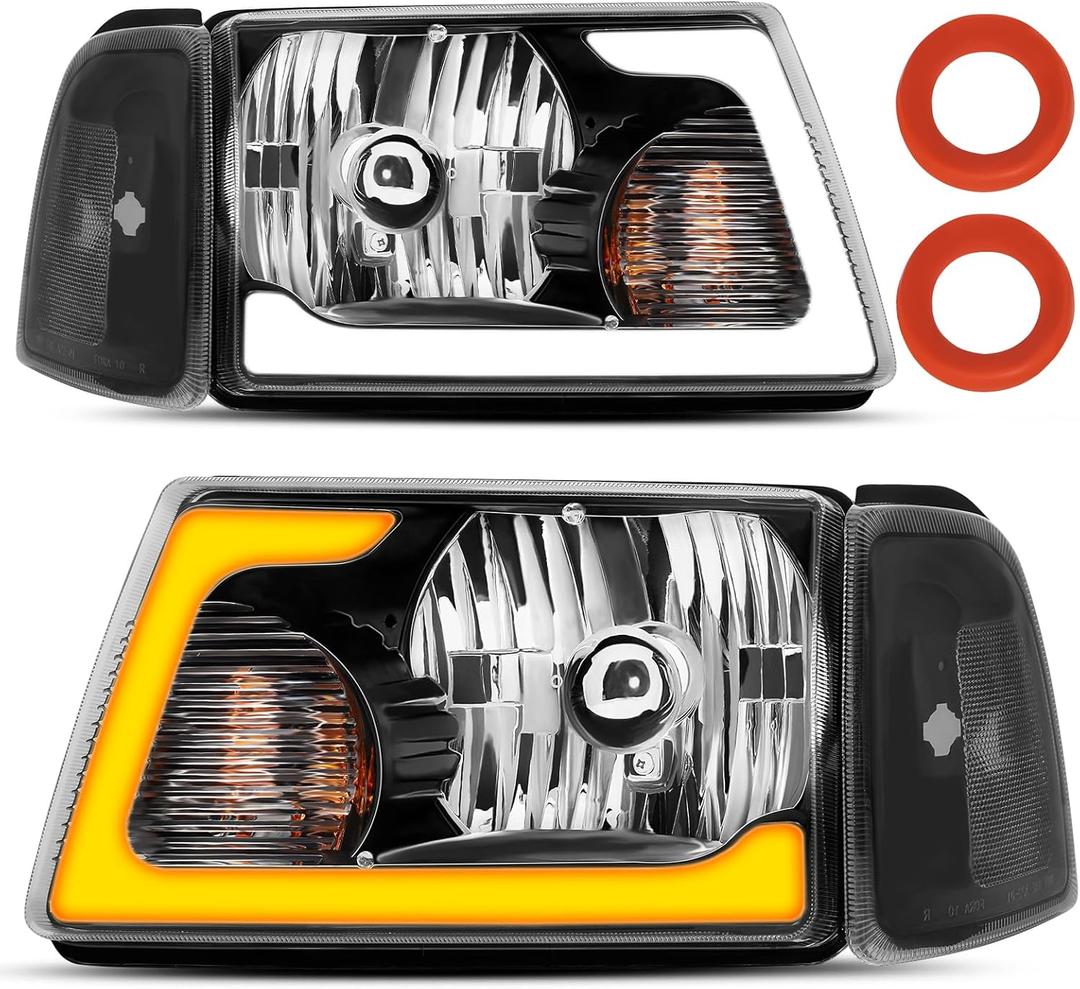 Headlight Assembly Fit For 2001-2011 Ford Ranger w/LED DRL Sequential Turn Light 01-11 Ranger with Corner Lights Headlamp Driver And Passenger Side (Black Housing Clear Relfector)