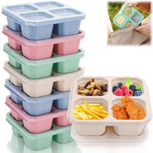 Cididu 8 Pack Bento Snack Lunch Box, 4 Compartment Meal Prep Container, Reusable Divided Snack Box with Lid for Kids Adults, Wheat Straw Food Storage Container for School Work Travel, Microwave Safe