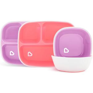 Munchkin Splash 4 Piece Toddler Divided Plate and Bowl Dining Set, Pink/Purple