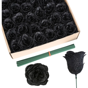 Roses Artificial Flowers,30PCS Black Glitter Roses Silk Roses for Wedding Bouquet Party Christmas Home Decor(Black)