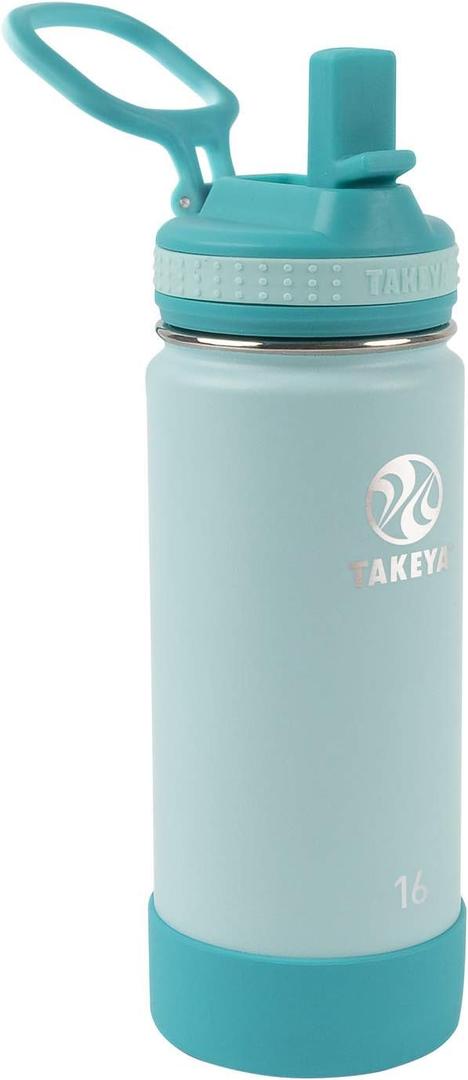 Takeya Actives Kids Water Bottle with Straw Lid - Stainless-Steel Double Wall Insulation - BPA-Free Bottle Lid with Carry Handle - Reusable Bottle & Straw Lid - 16 oz, Surfer/Lagoon