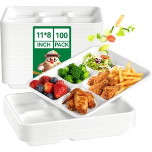 JOLLY CHEF Compostable  Compartment Paper Plates  *   [ ] Heavy Duty White Divided Disposable Plate Eco-Friendly Biodegradable Food Tray for Party Lunch Dinner Christmas (11*8in-100pack)