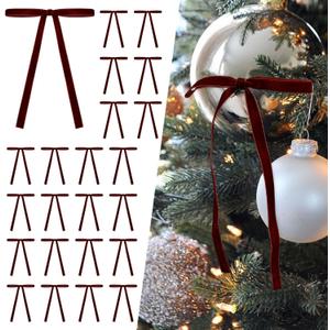 SIMISI RIBBON 24 Pcs Burgundy Velvet Christmas Tree Bows Door Garland Decor Vintage Wreath Bow (3/8'' Wide, 5 * 7 inch)