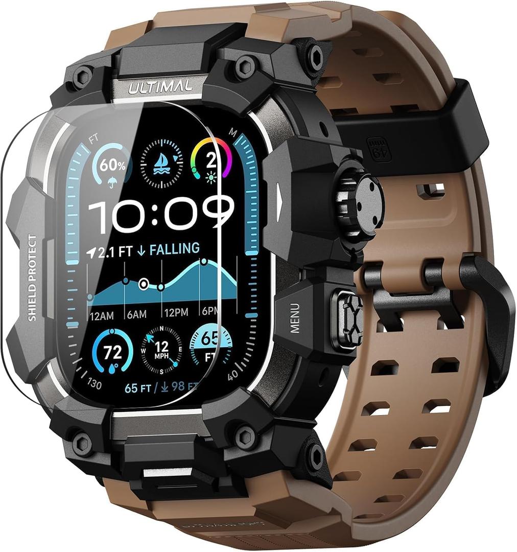 ULTIMAL Rugged Case with Band for Apple Watch 49mm,Compatible with Apple Watch Ultra 3/2/1, Military Grade Shockproof Bumper Cover for iWatch Tactical Band Men (Coffee Brown, 49mm)